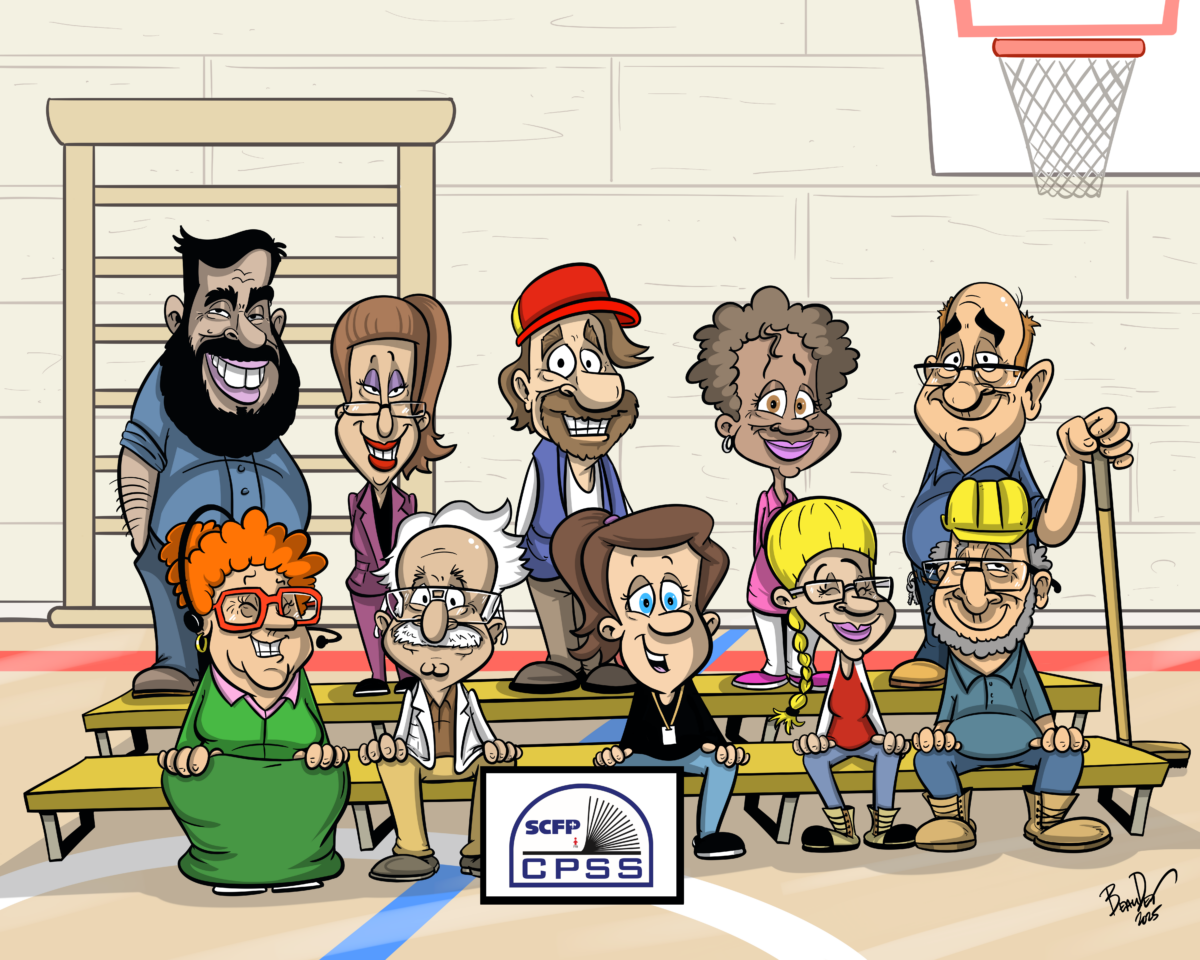 Illustration de dix membres du personnel de soutien scolaire posant comme sur une photo de classe dans un gymnase, avec le logo SCFP-CPSS